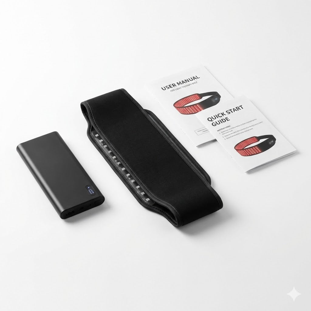 Black fitness tracker with power bank and user manual on a white background
