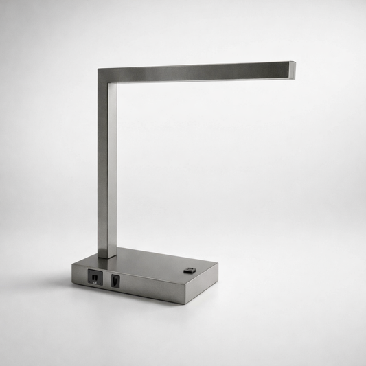 Pewter LED Desk Lamp with USB + Power Outlet