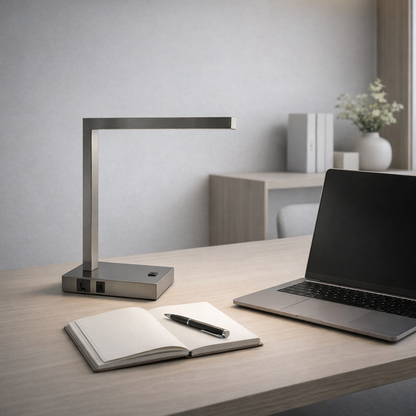 Pewter LED Desk Lamp with USB + Power Outlet