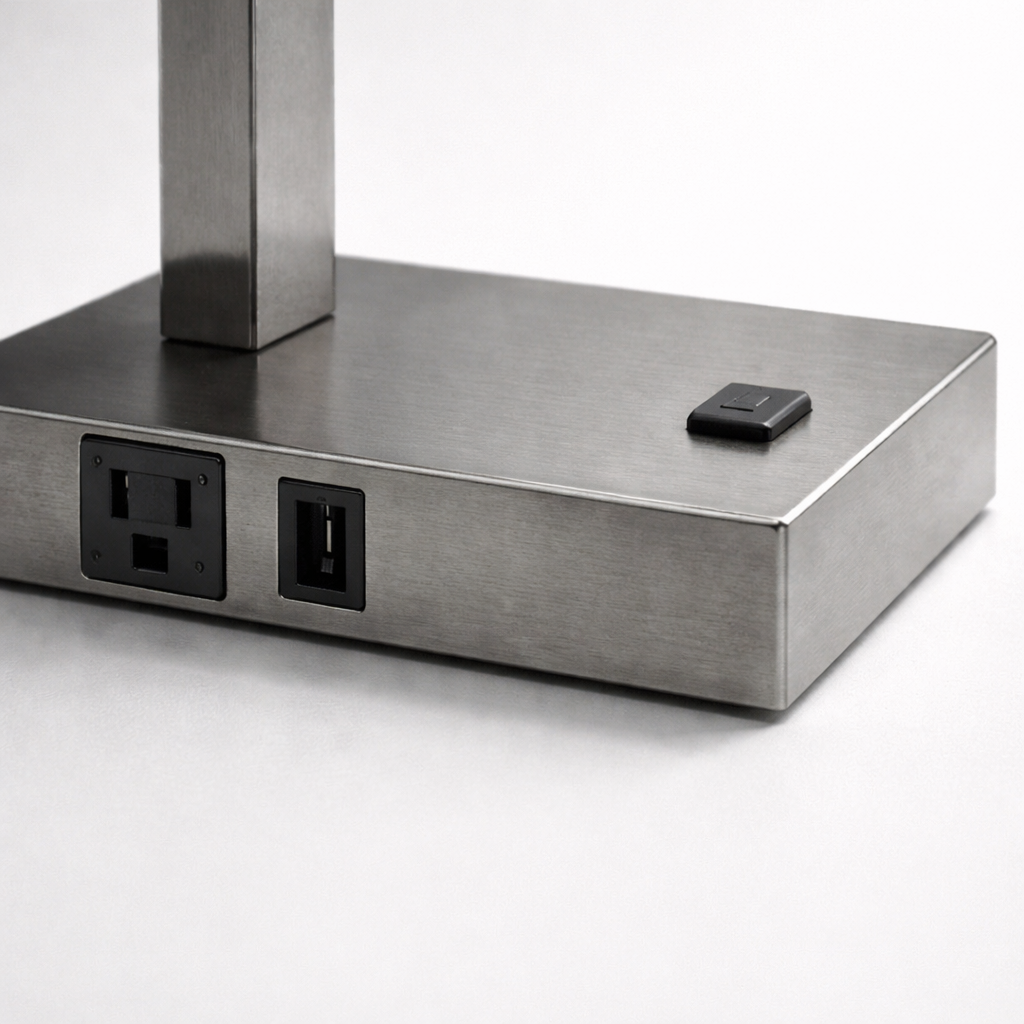 Pewter LED Desk Lamp with USB + Power Outlet