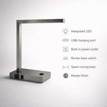 Pewter LED Desk Lamp with USB + Power Outlet
