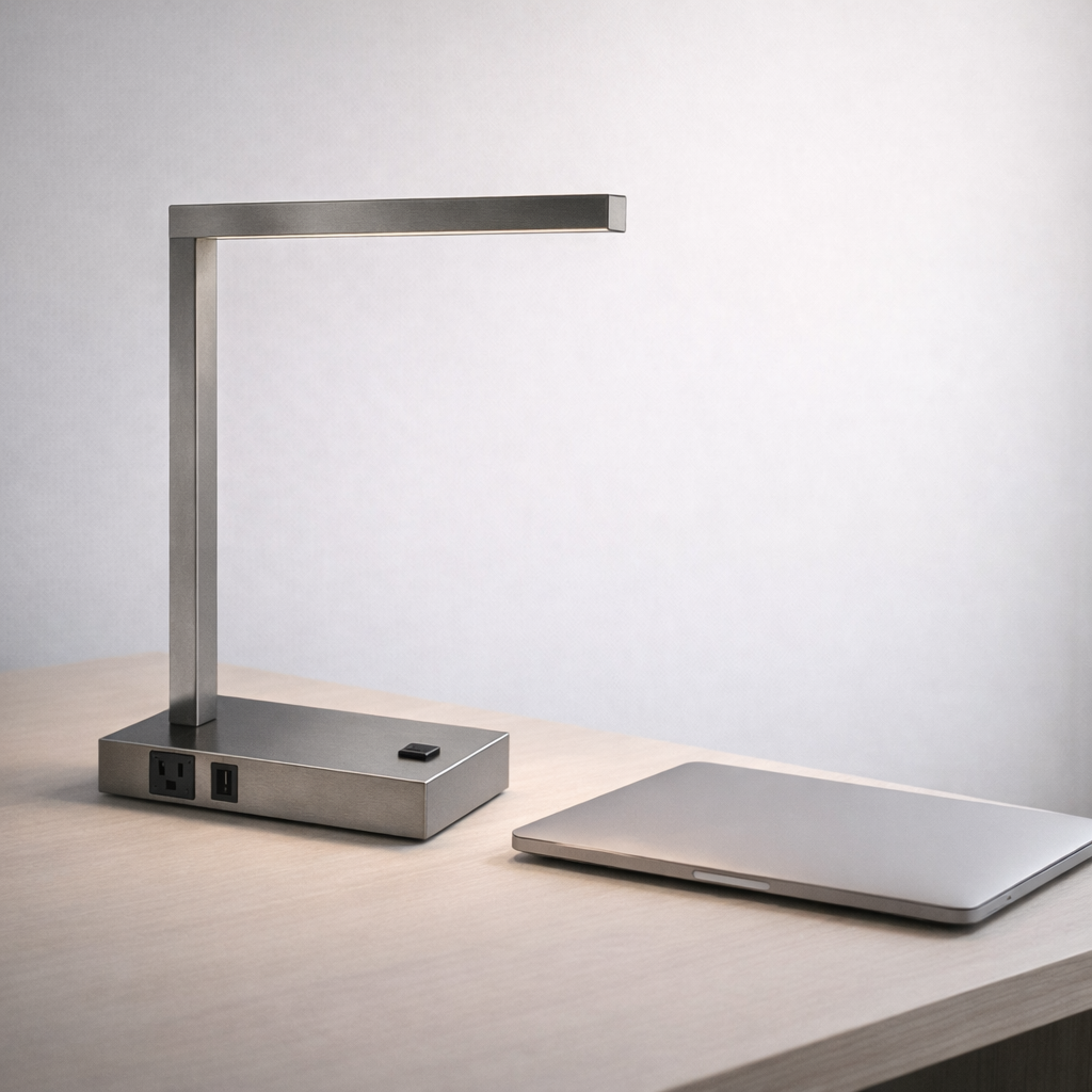 Pewter LED Desk Lamp with USB + Power Outlet