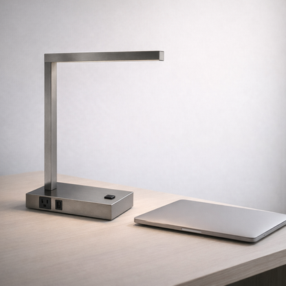 Pewter LED Desk Lamp with USB + Power Outlet