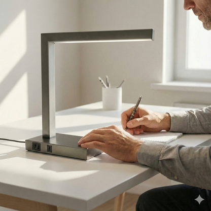 Pewter LED Desk Lamp with USB + Power Outlet