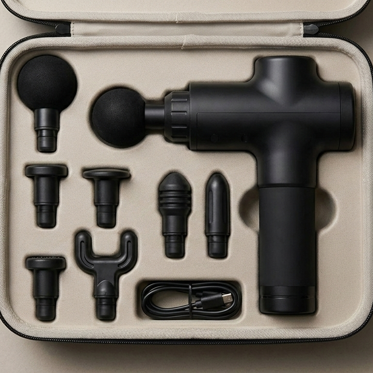 Black massage gun set in a beige case on a beige background