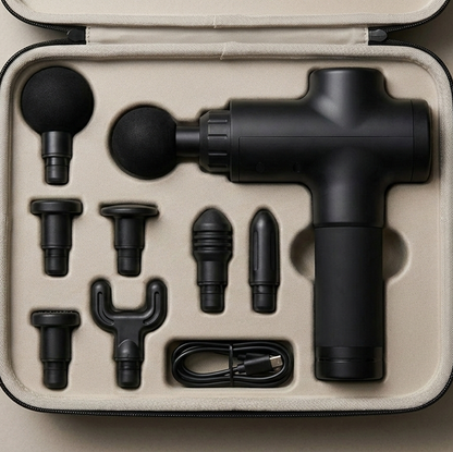 Black massage gun set in a beige case on a beige background