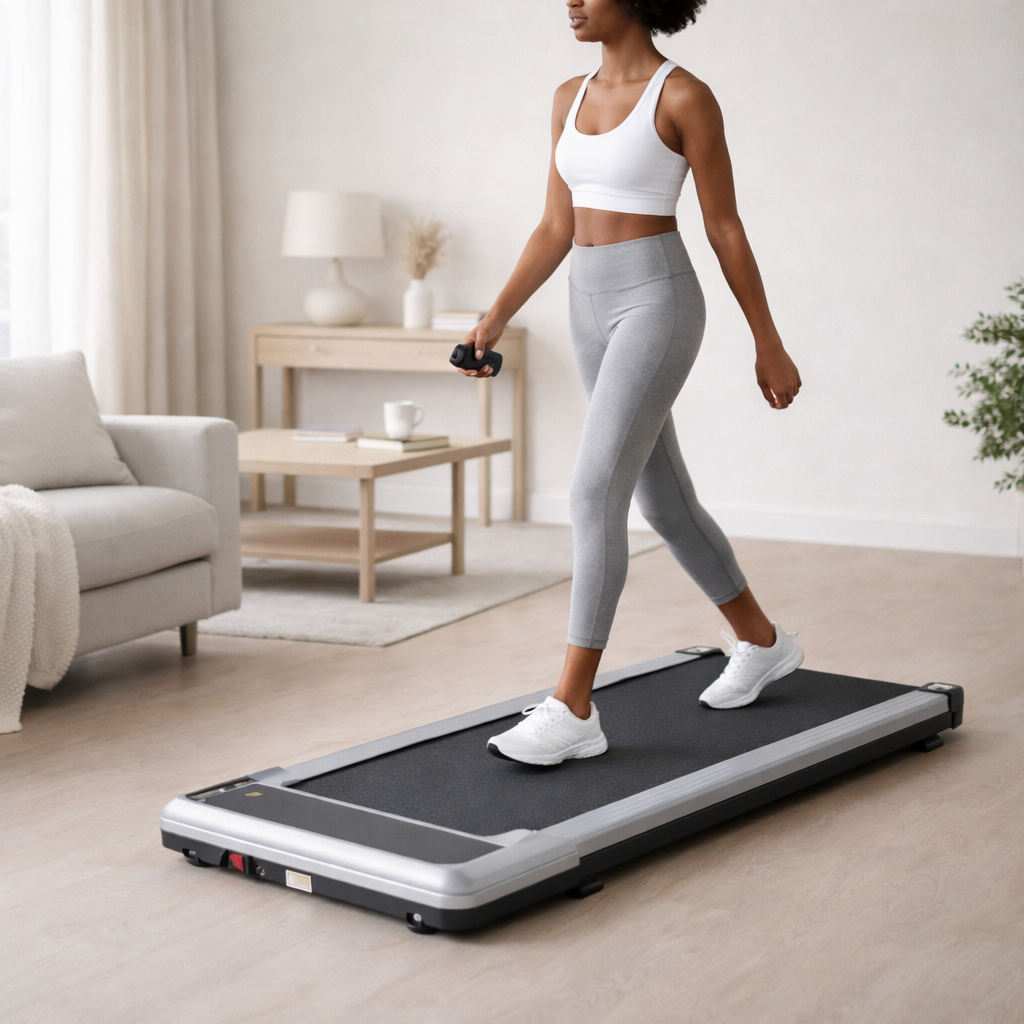 Woman using a portable treadmill in a living room.