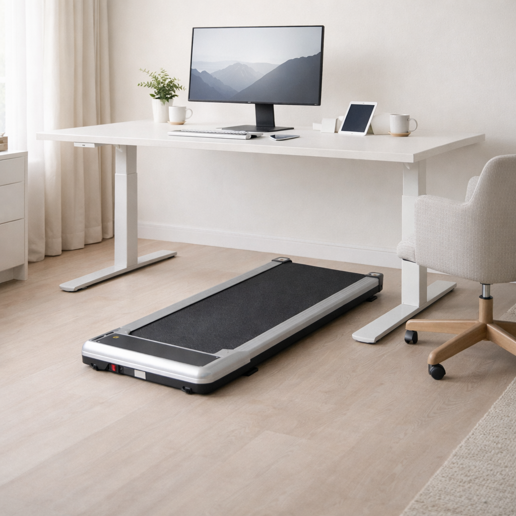 Treadmill in front of a desk with a computer setup in a home office.