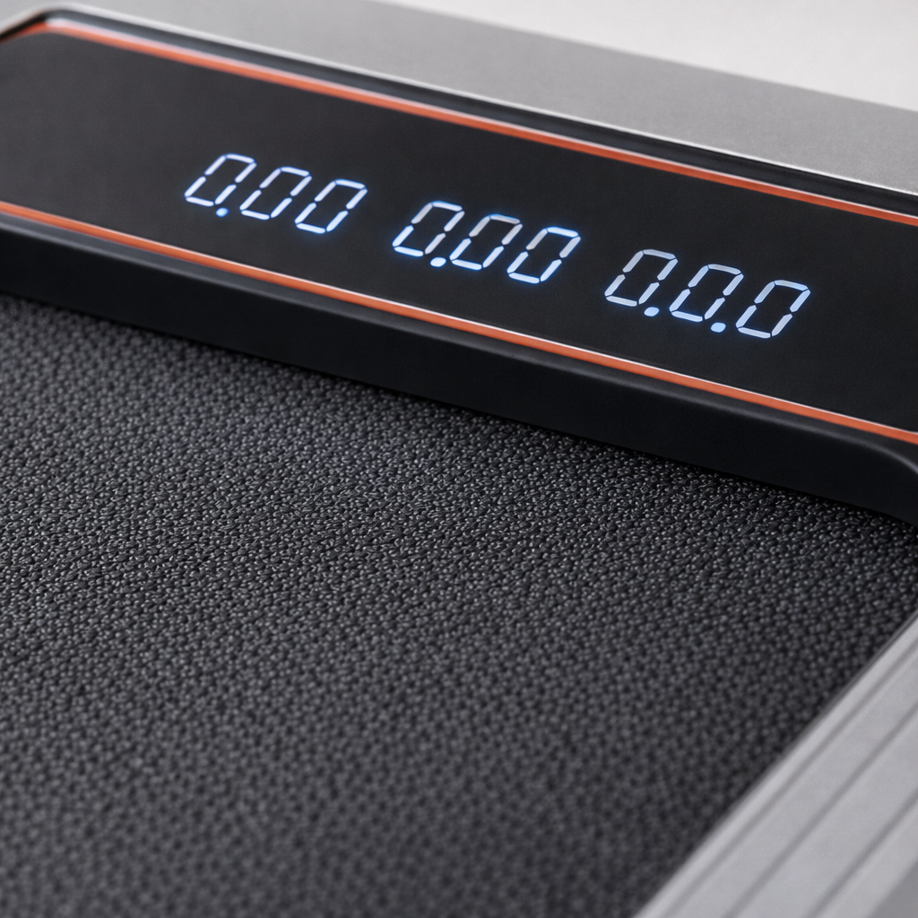 Digital display on a textured surface with blue LED digits