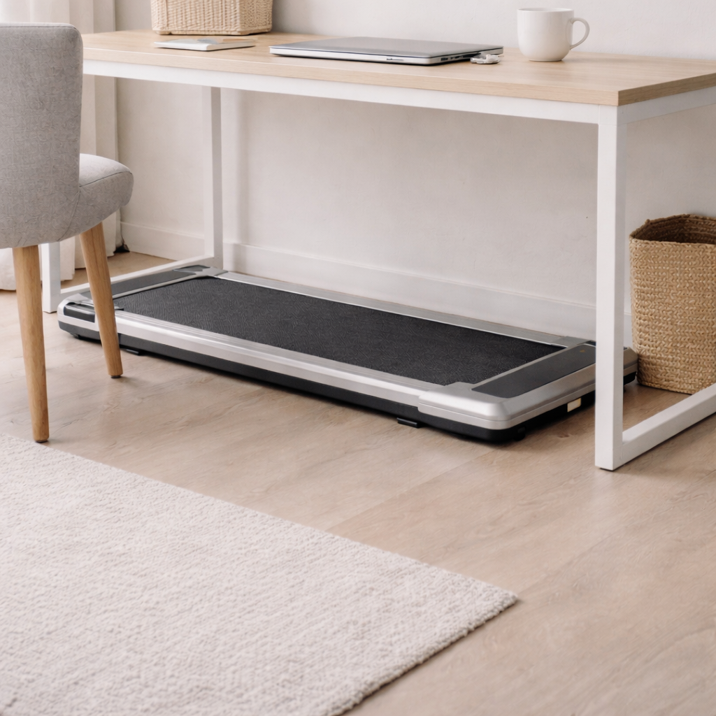 Portable treadmill under a wooden desk in a home office setting