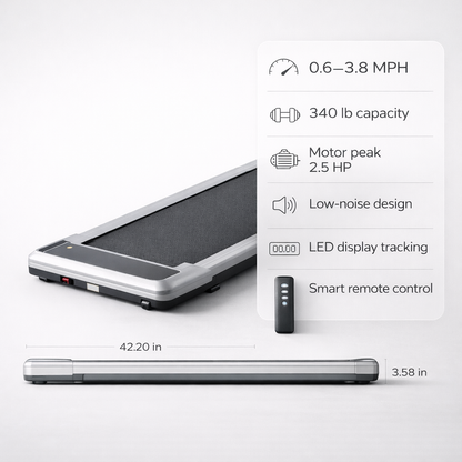 Treadmill with specifications on a white background