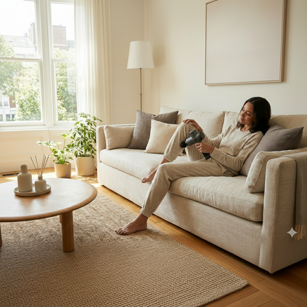 Woman sitting on a beige sofa in a cozy living room with plants and a coffee table.