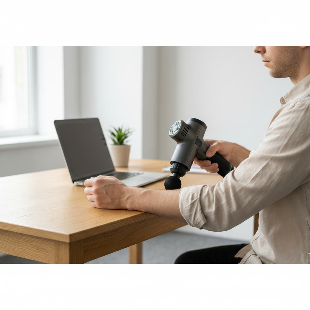 Person using a massage gun on their arm while sitting at a desk with a laptop.