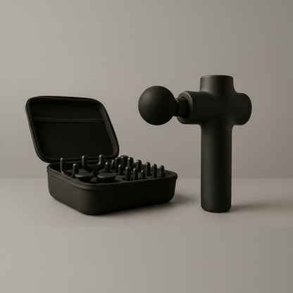 Black massage gun and attachments on a neutral background